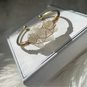 White Quartz & Gold 3 Stone Bangle Bracelet